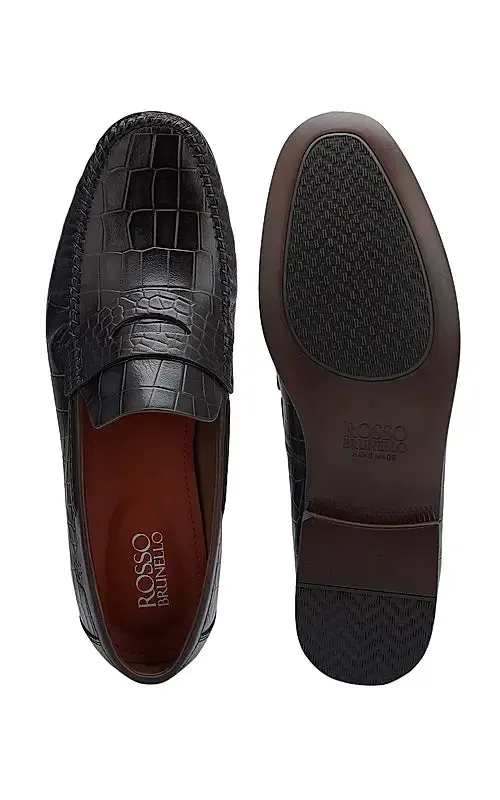 Brown Croco Textured Loafers