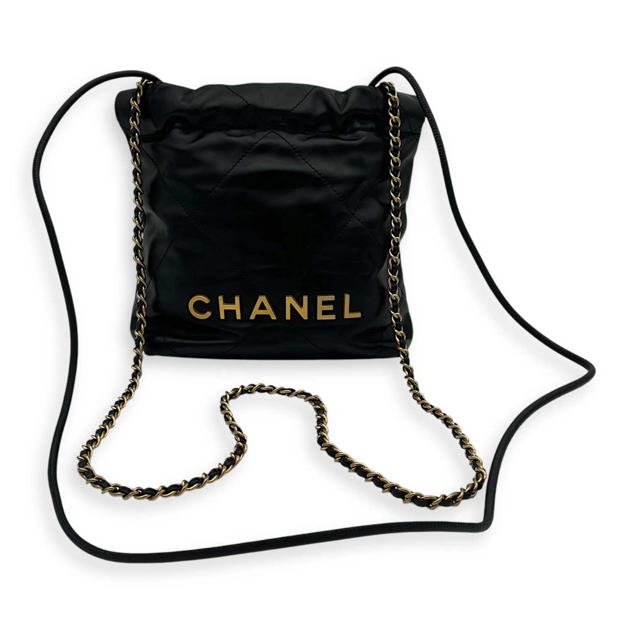 C22 Mini Black Crossbody Bag in Calfskin, Gold hardware