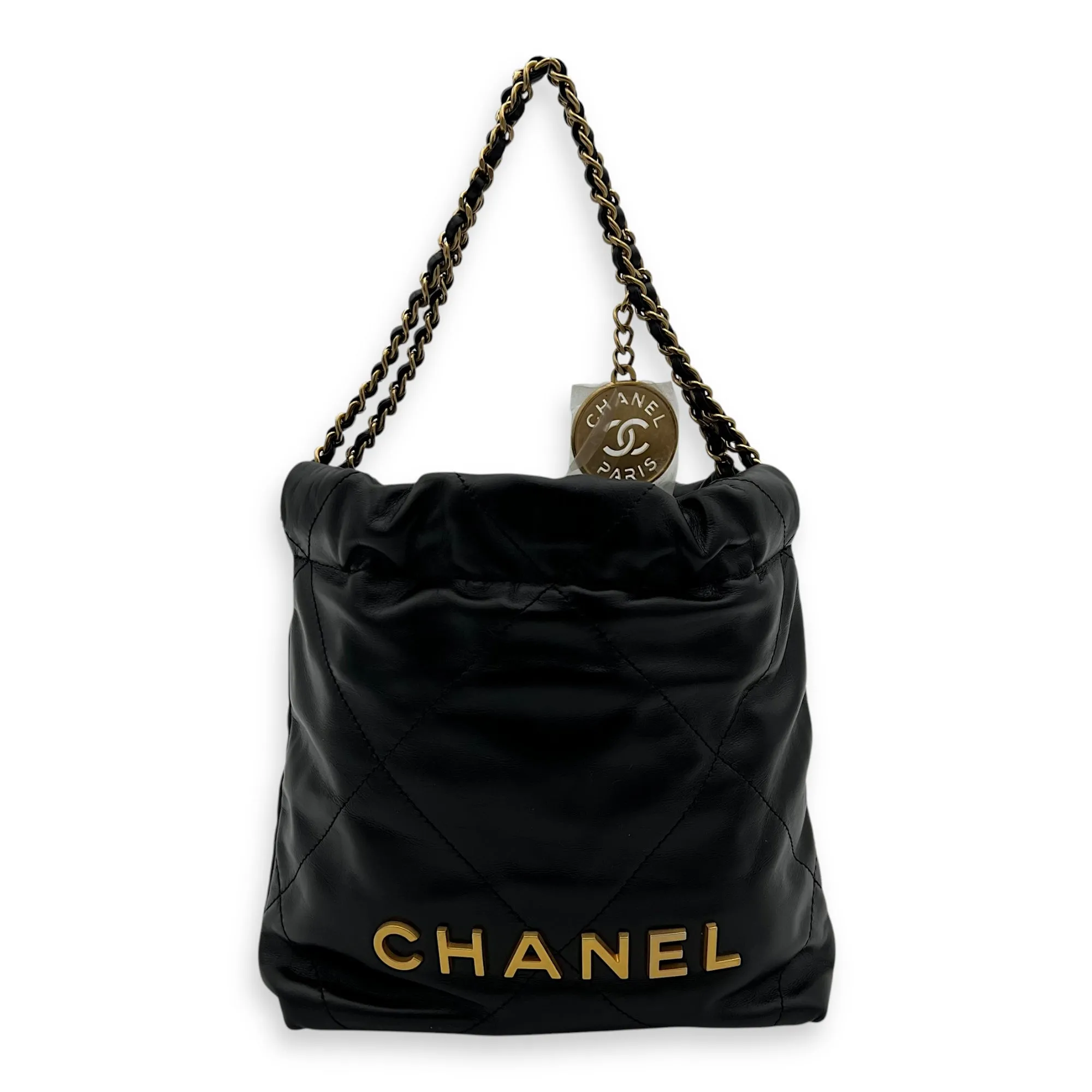 C22 Mini Black Crossbody Bag in Calfskin, Gold hardware