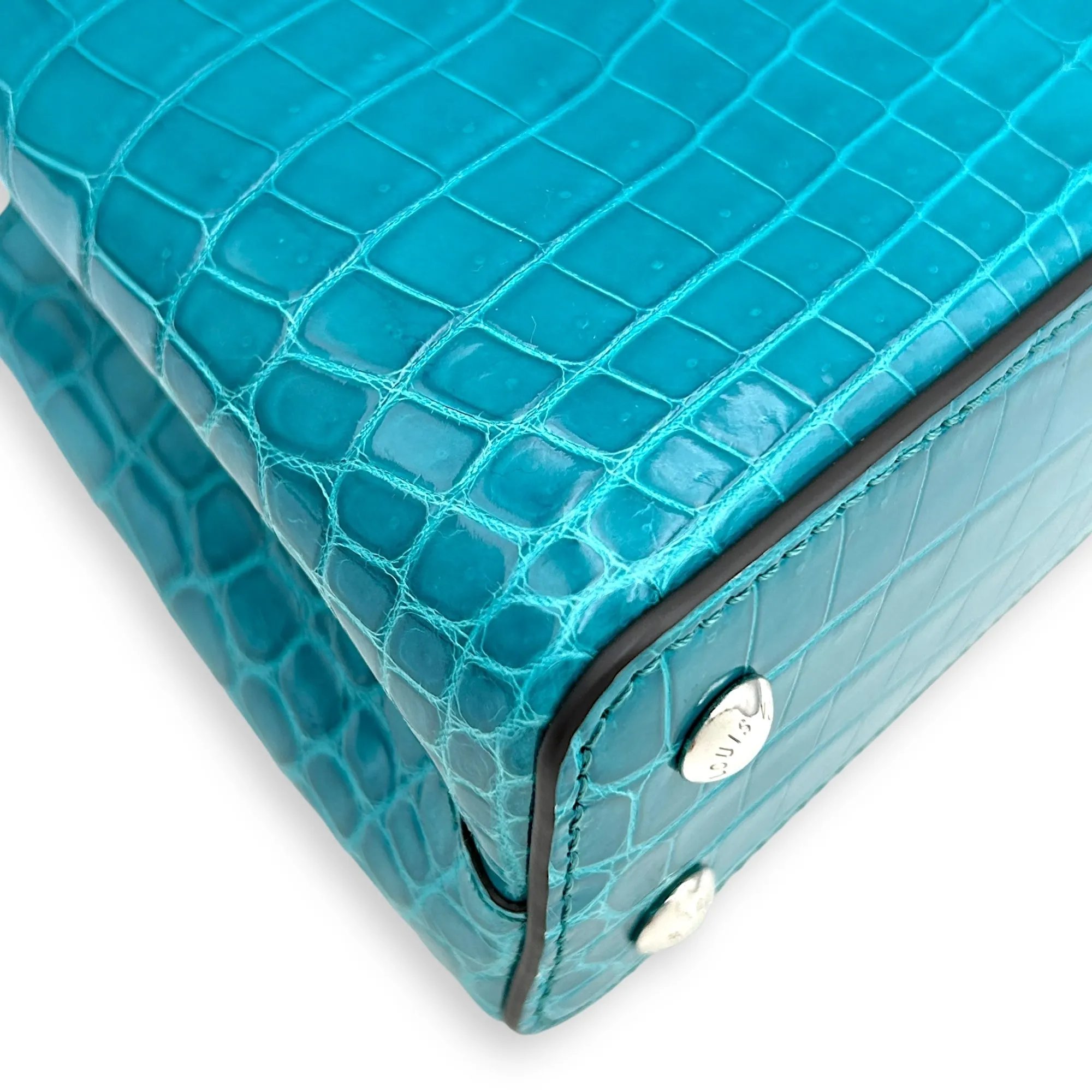 Capucines Mini Turquoise Crossbody Bag in Crocodilien Brillant, Silver hardware