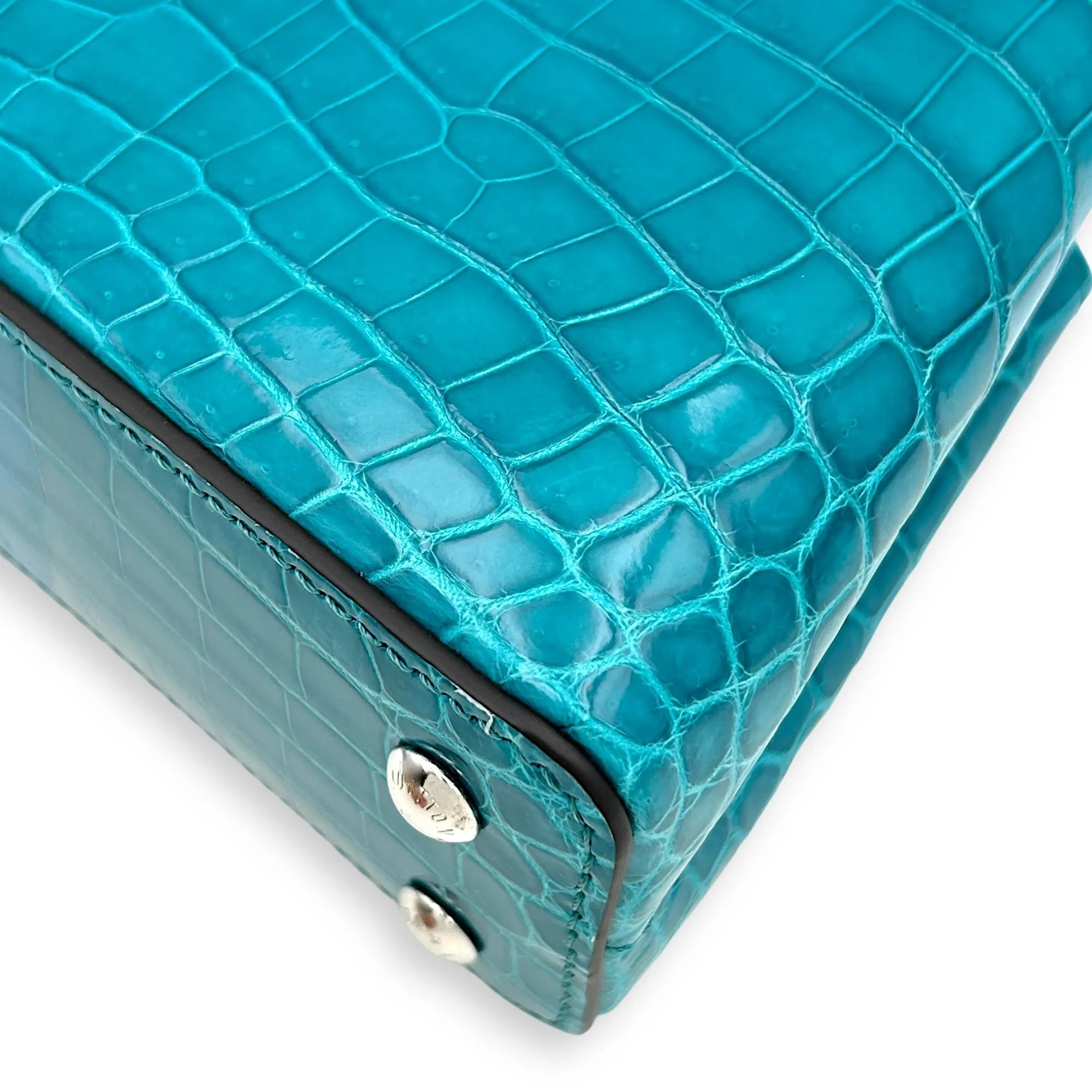 Capucines Mini Turquoise Crossbody Bag in Crocodilien Brillant, Silver hardware