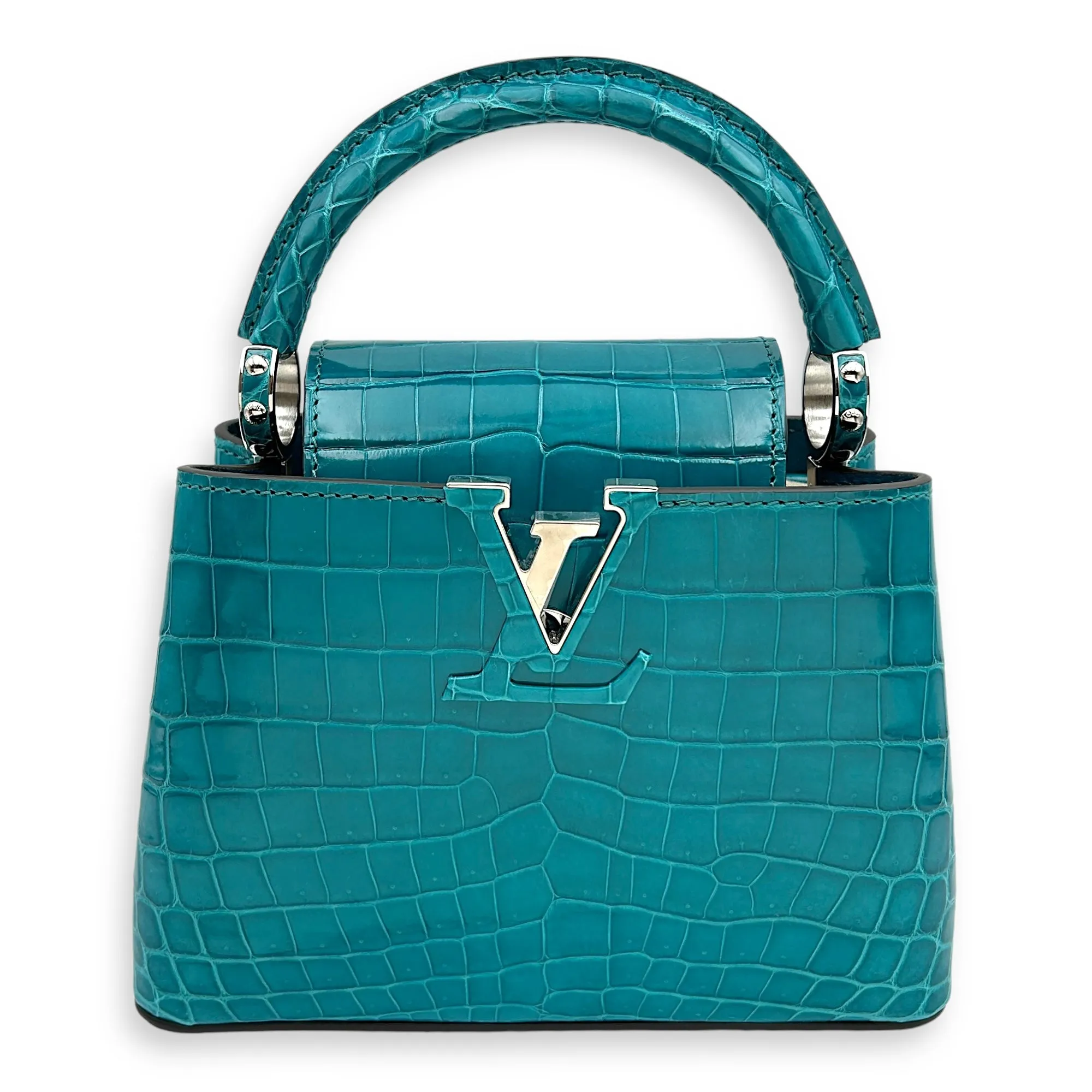 Capucines Mini Turquoise Crossbody Bag in Crocodilien Brillant, Silver hardware