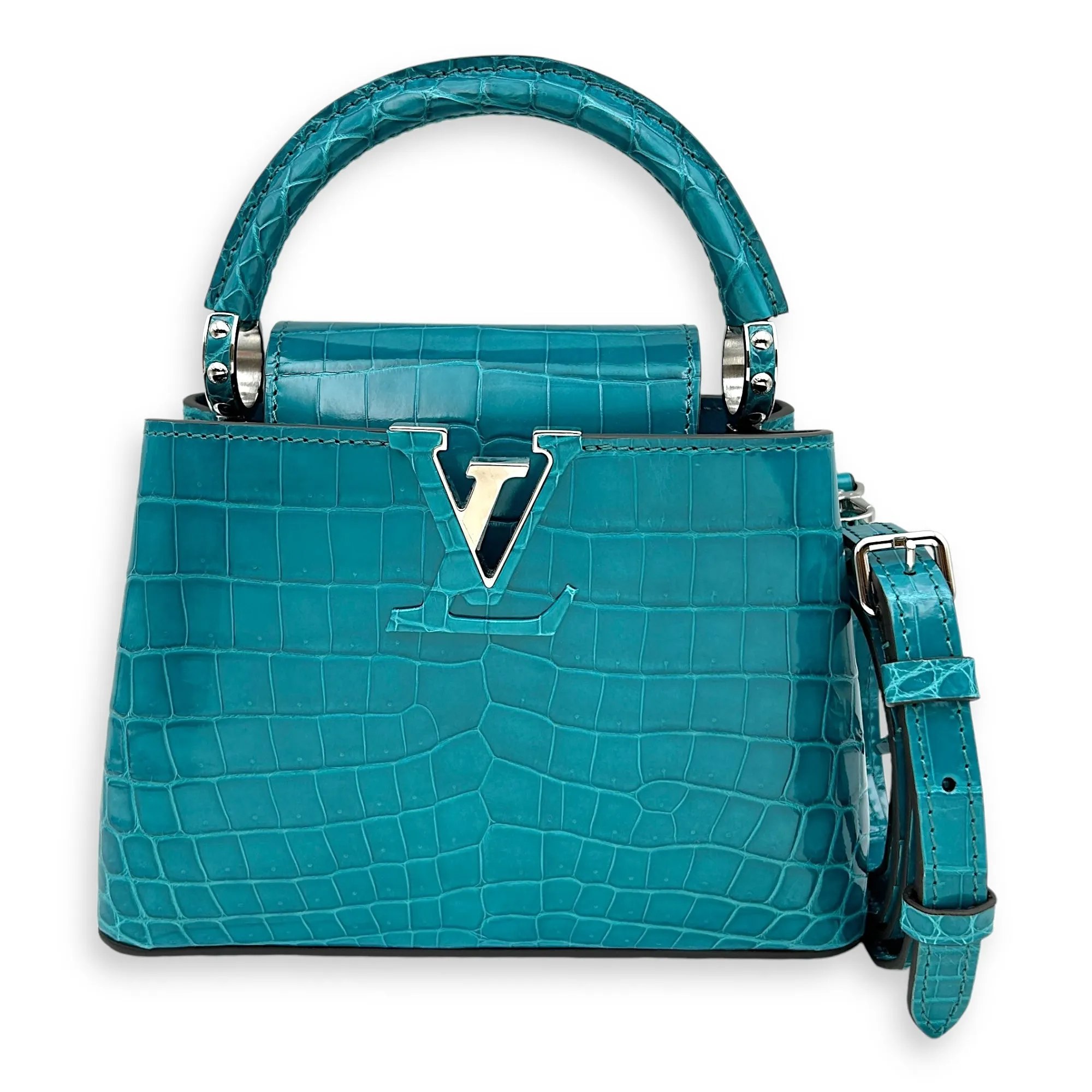 Capucines Mini Turquoise Crossbody Bag in Crocodilien Brillant, Silver hardware