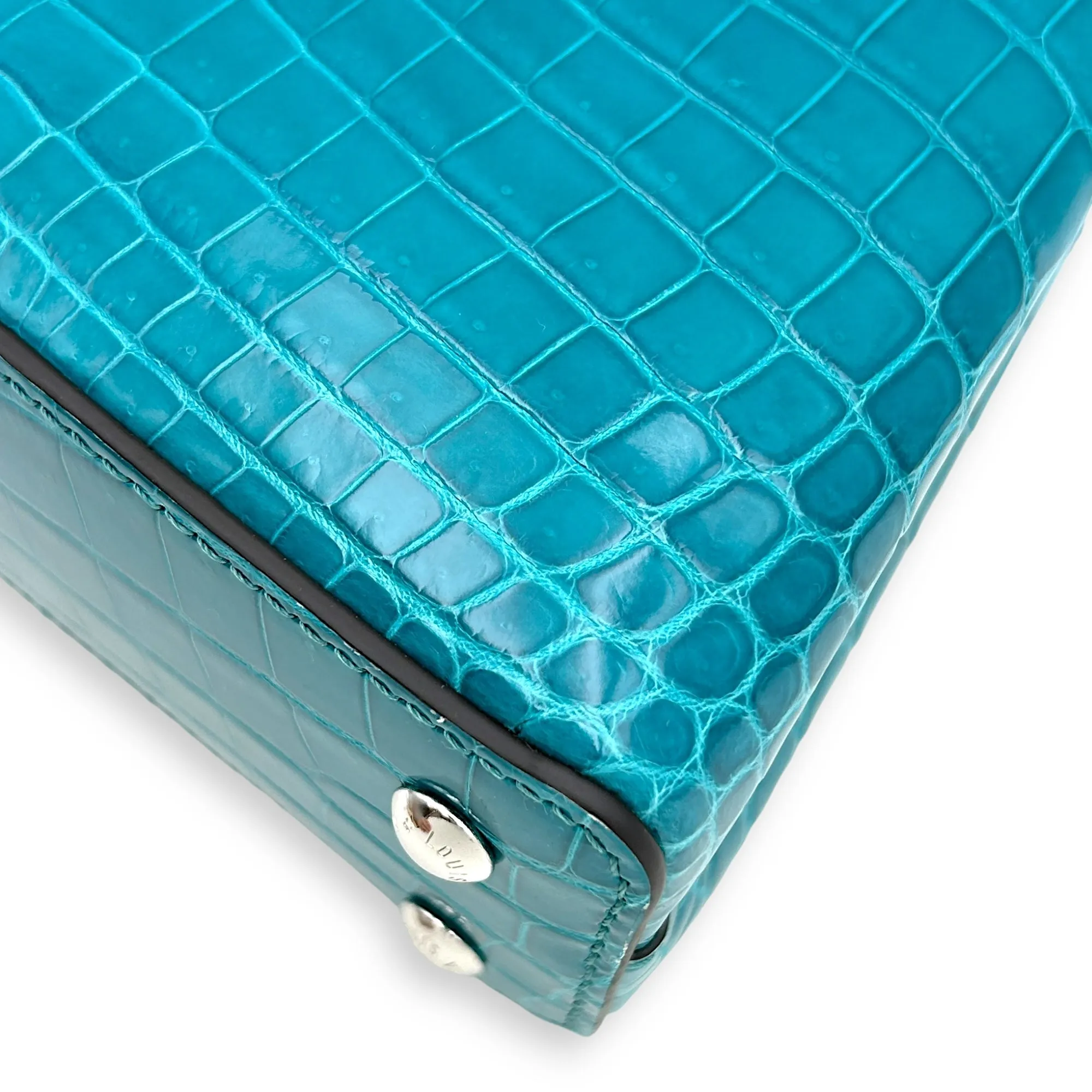 Capucines Mini Turquoise Crossbody Bag in Crocodilien Brillant, Silver hardware