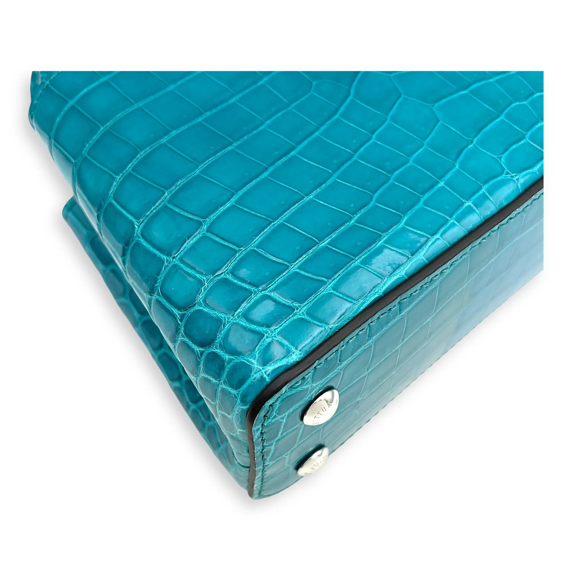 Capucines Mini Turquoise Crossbody Bag in Crocodilien Brillant, Silver hardware