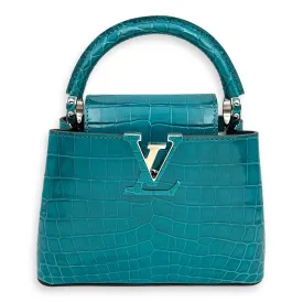 Capucines Mini Turquoise Crossbody Bag in Crocodilien Brillant, Silver hardware