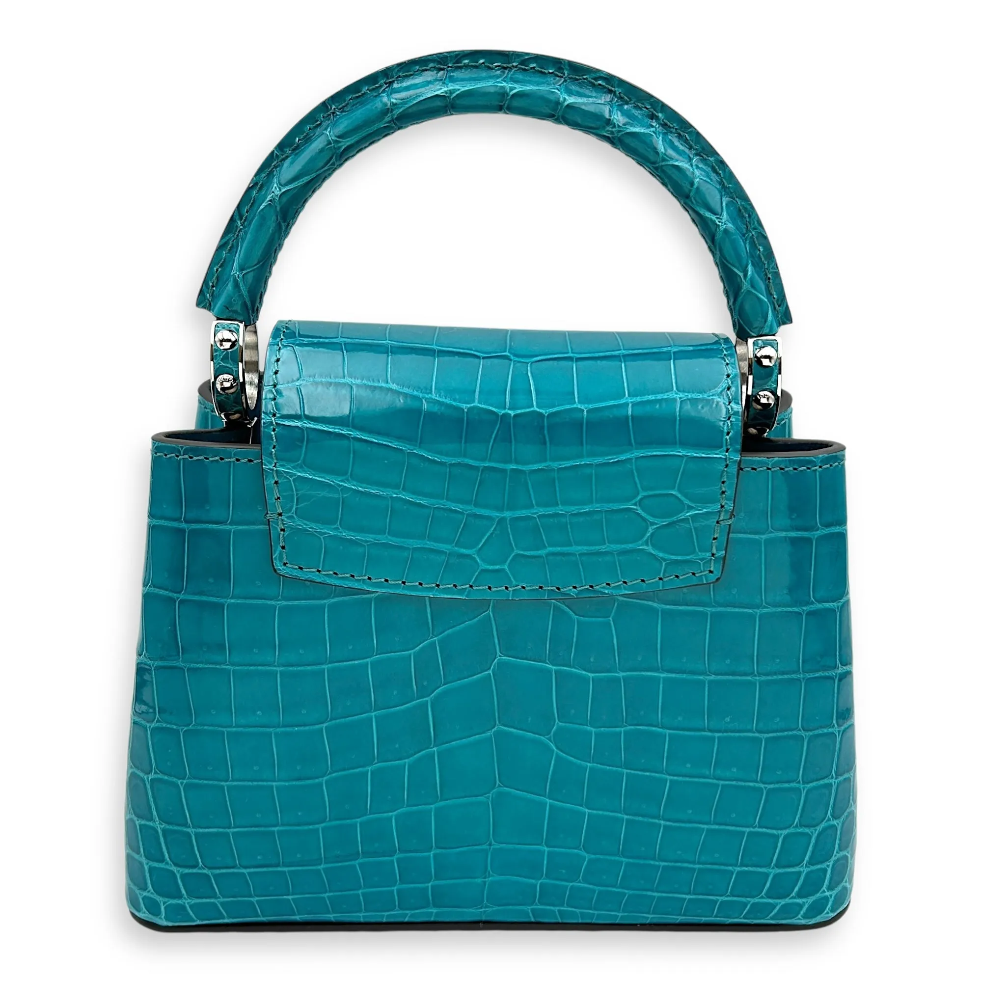 Capucines Mini Turquoise Crossbody Bag in Crocodilien Brillant, Silver hardware