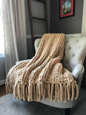 Chunky Knit Blanket | Beige Fringe Blanket