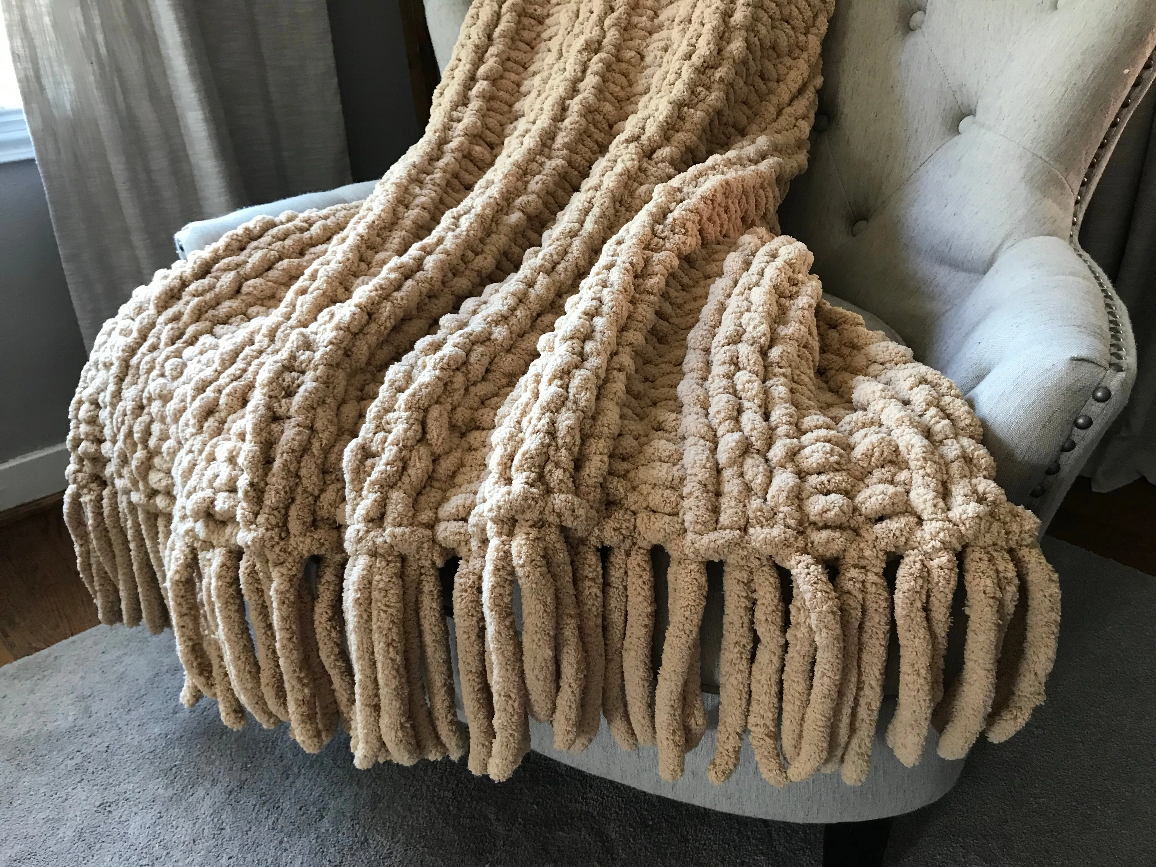 Chunky Knit Blanket | Beige Fringe Blanket