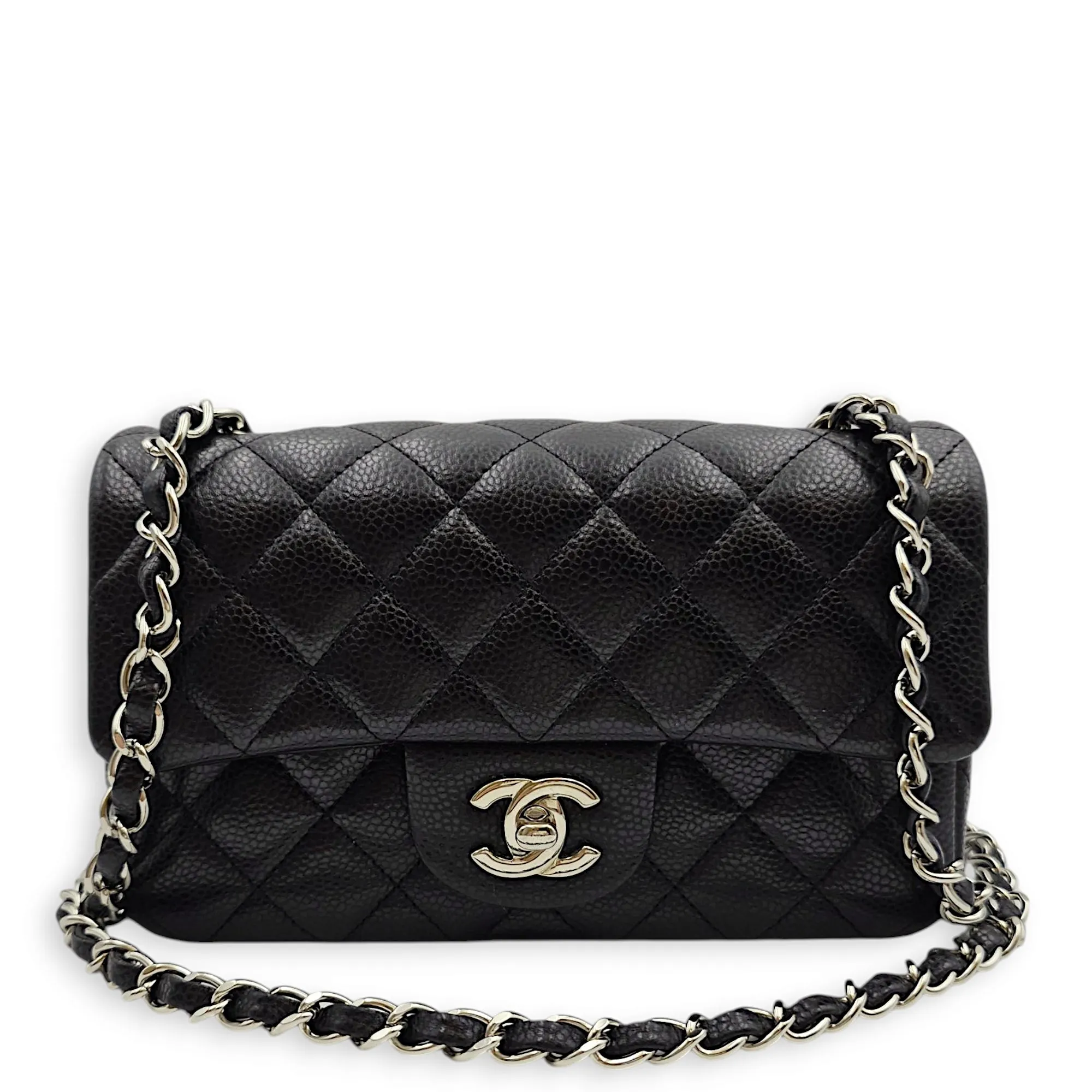 Classic Mini Rectangle Mini Black Crossbody Bag in Caviar Leather, Silver hardware