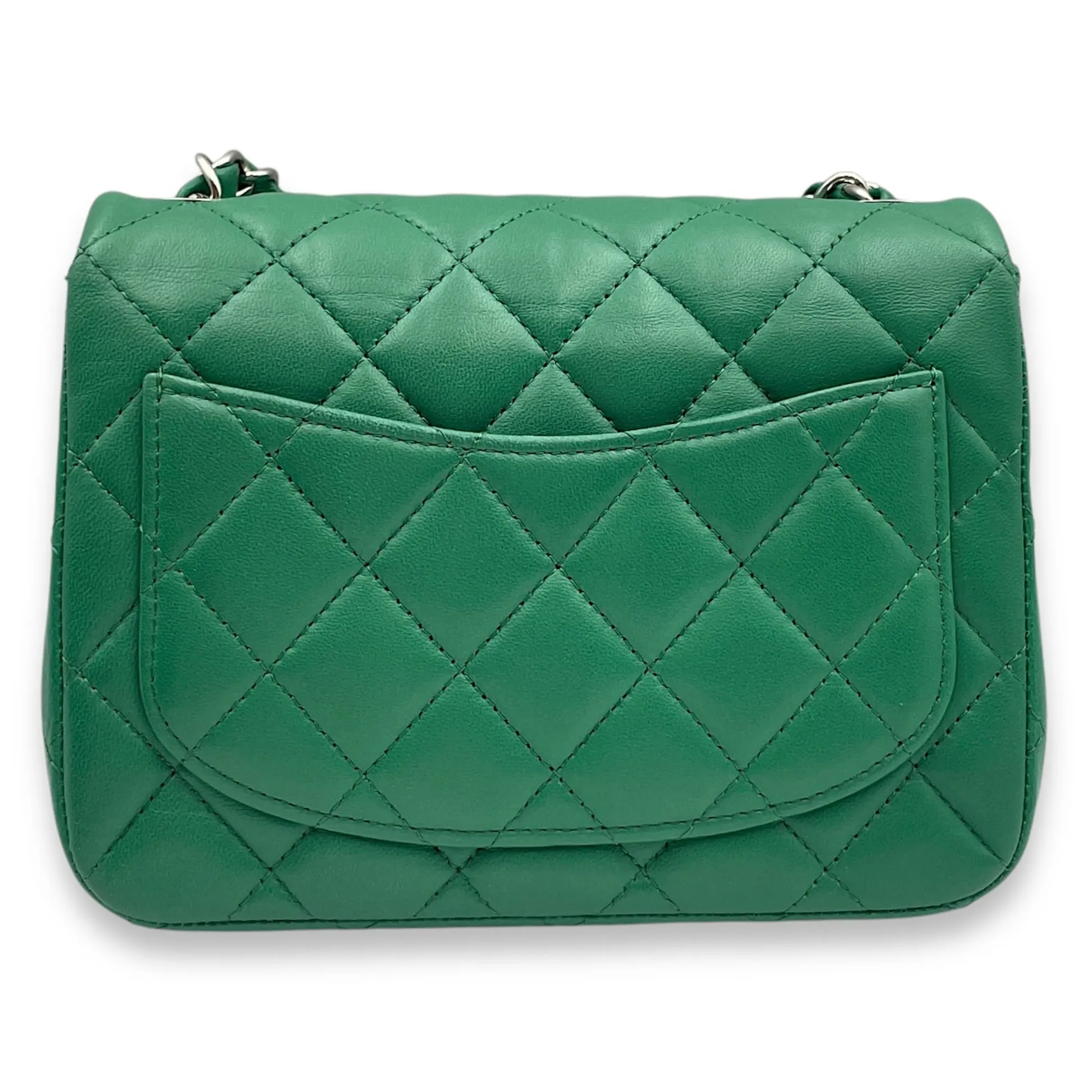 Classic Square Mini Green Crossbody Bag in Lambskin, Silver hardware