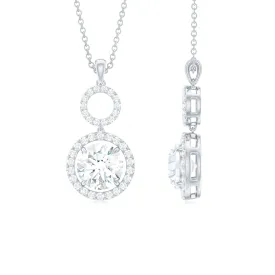 Claw Set Round Moissanite Halo Dangle Pendant Necklace in Silver