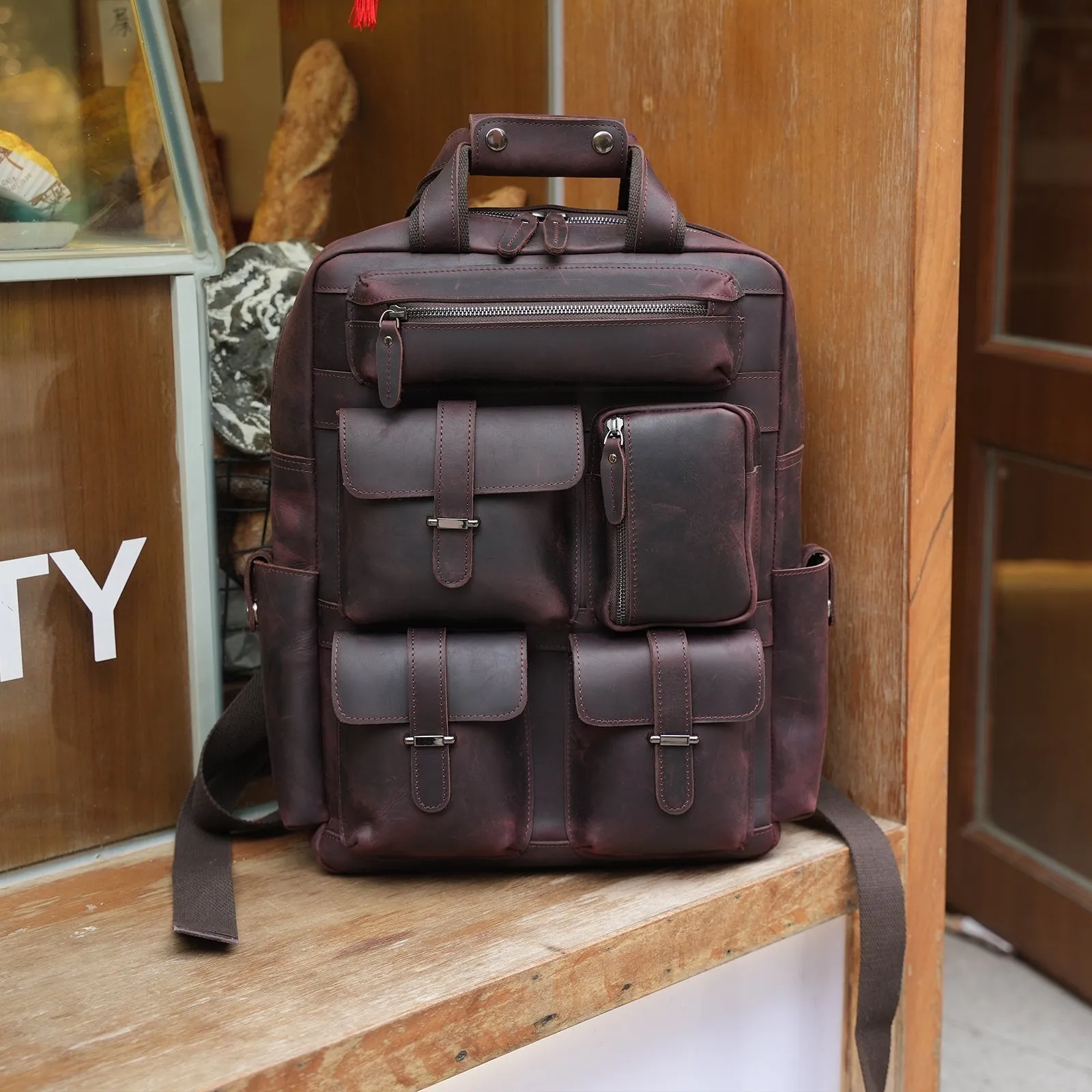 Cowhide Leather Multiple Laptop School Backpack Day pack Travel Bag Satchel with Zippers