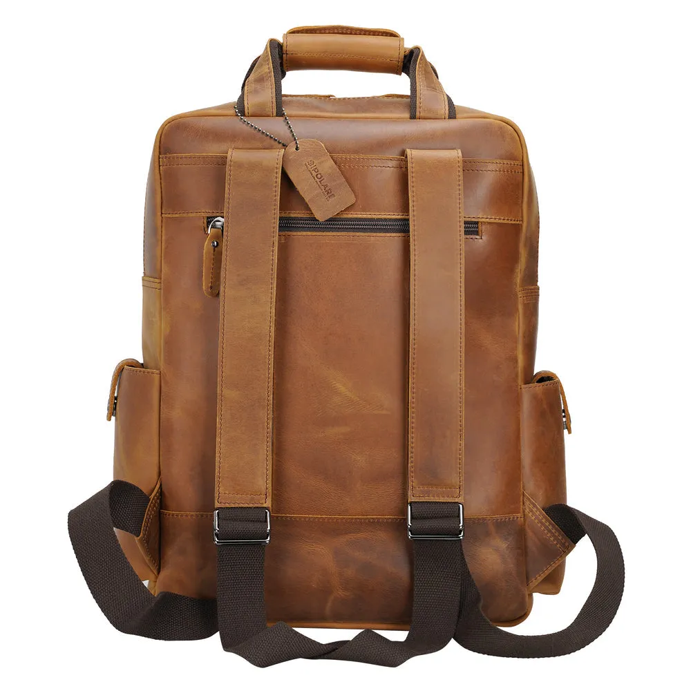 Cowhide Leather Multiple Laptop School Backpack Day pack Travel Bag Satchel with Zippers
