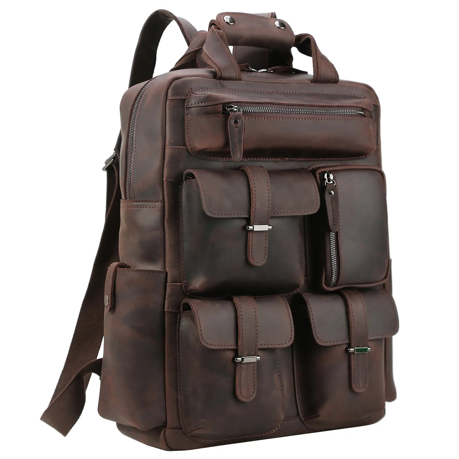 Cowhide Leather Multiple Laptop School Backpack Day pack Travel Bag Satchel with Zippers