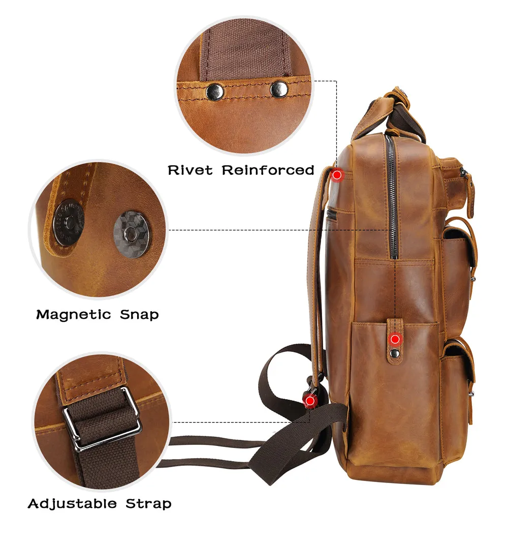 Cowhide Leather Multiple Laptop School Backpack Day pack Travel Bag Satchel with Zippers