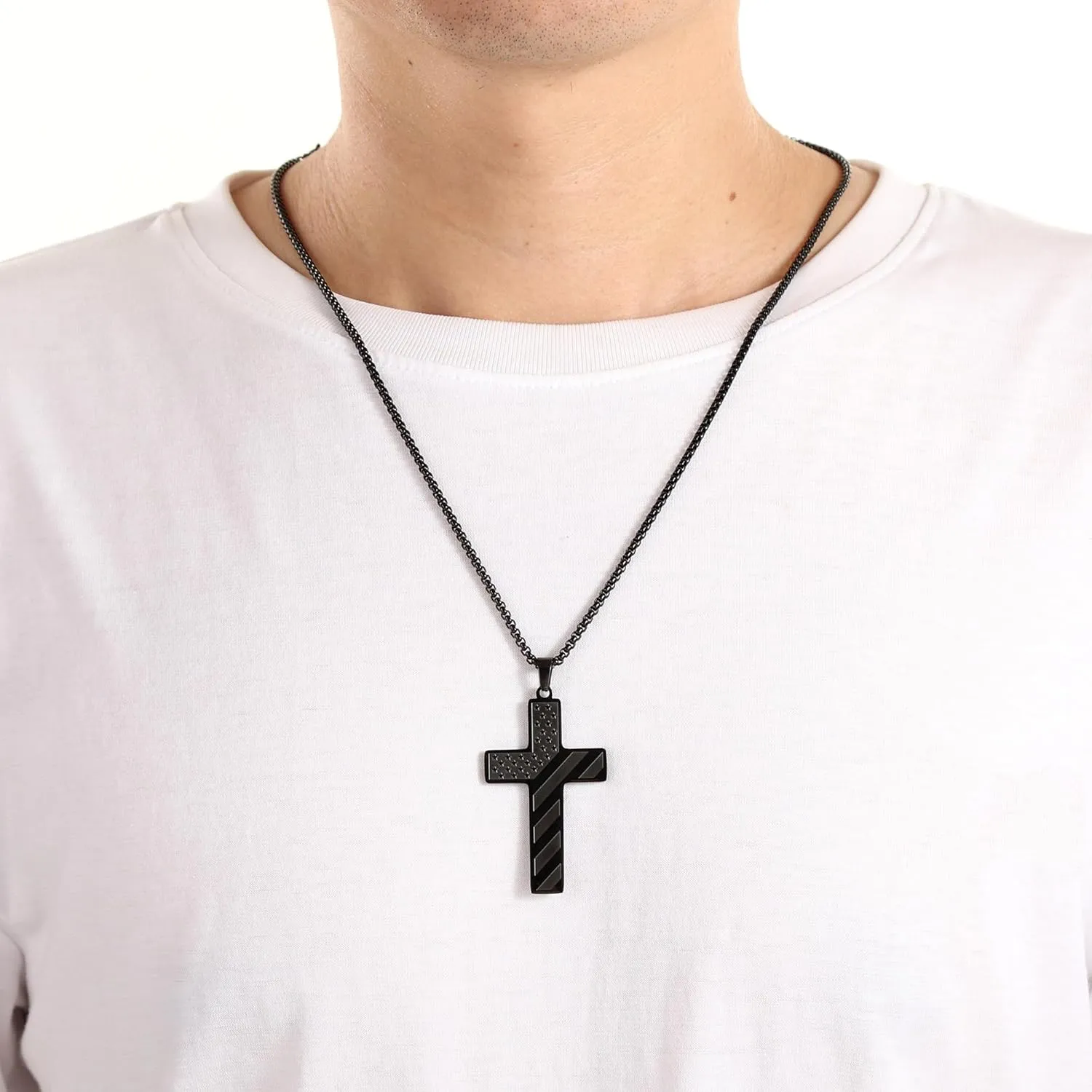 Cross Necklace Bracelet Set 24 Inch Stainless Steel Necklace Adjustable Natural Stone Bracelet for Men Boys Holiday Jewelry Gift