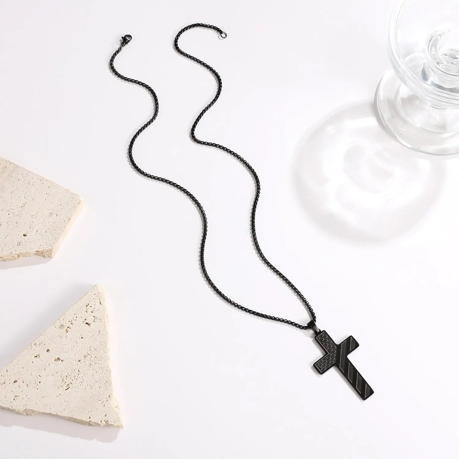Cross Necklace Bracelet Set 24 Inch Stainless Steel Necklace Adjustable Natural Stone Bracelet for Men Boys Holiday Jewelry Gift