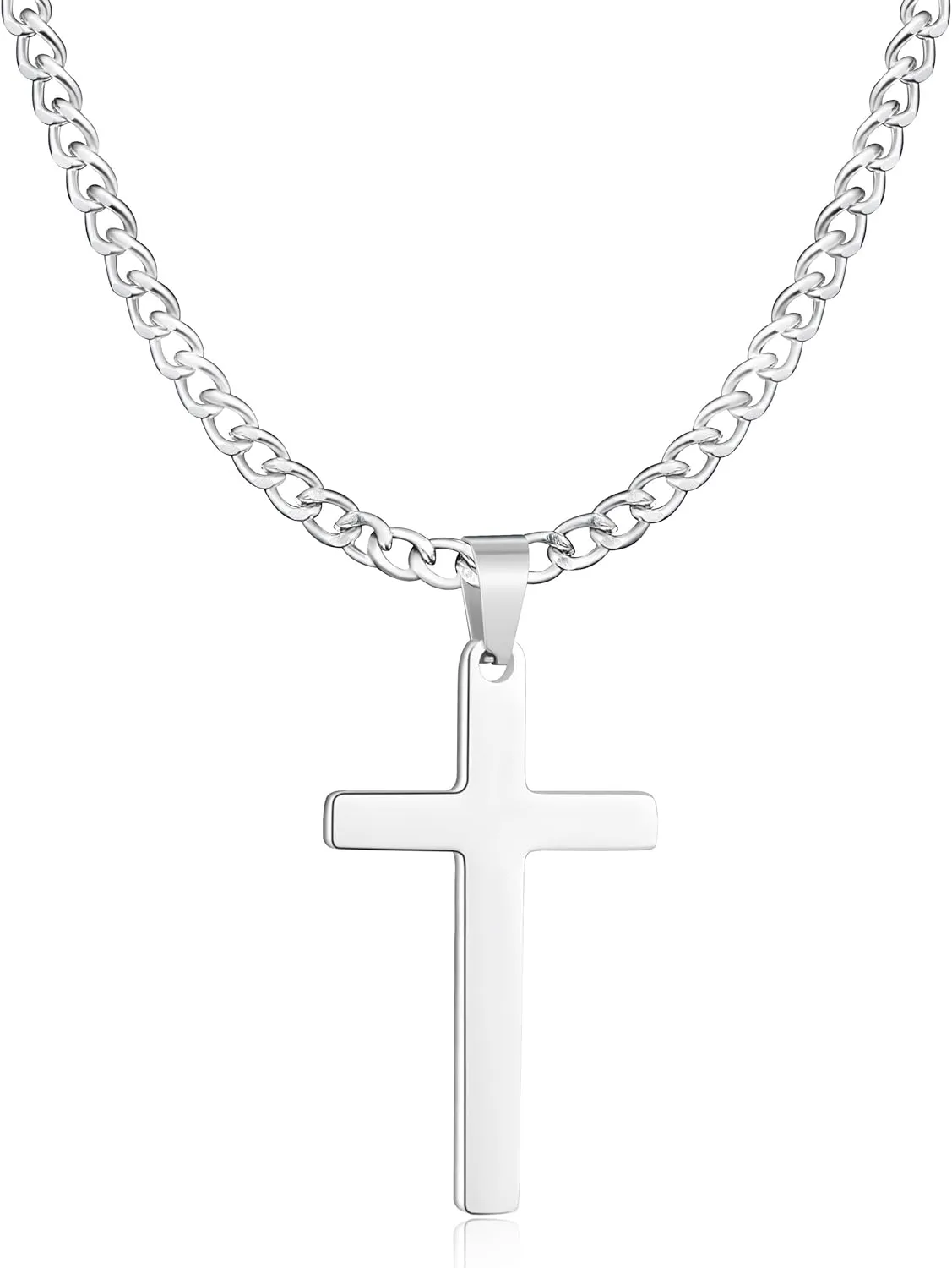 Cross Necklace for Men | Silver Stainless Steel Christian Pendant with 18/20/22/24inch Cuban Chain for Daily Wear