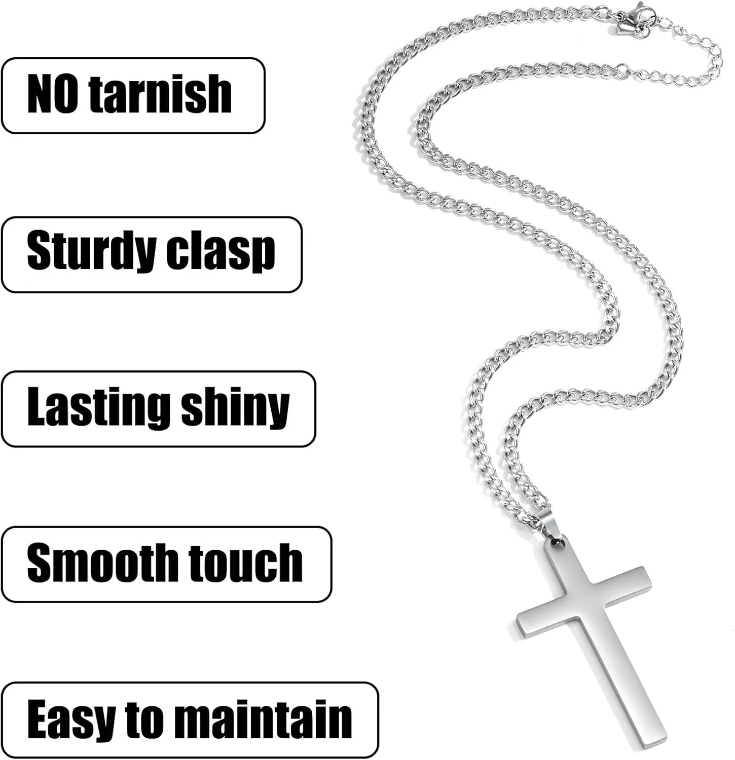 Cross Necklace for Men | Silver Stainless Steel Christian Pendant with 18/20/22/24inch Cuban Chain for Daily Wear