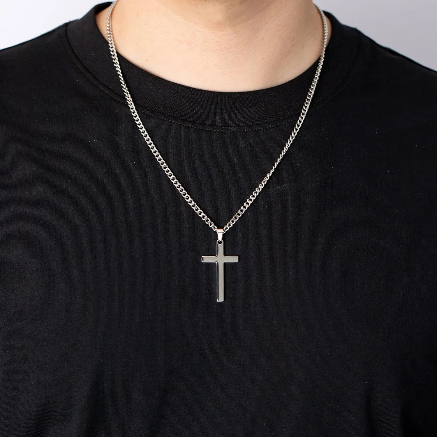 Cross Necklace for Men | Silver Stainless Steel Christian Pendant with 18/20/22/24inch Cuban Chain for Daily Wear