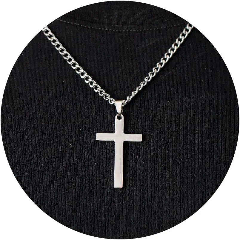 Cross Necklace for Men | Silver Stainless Steel Christian Pendant with 18/20/22/24inch Cuban Chain for Daily Wear