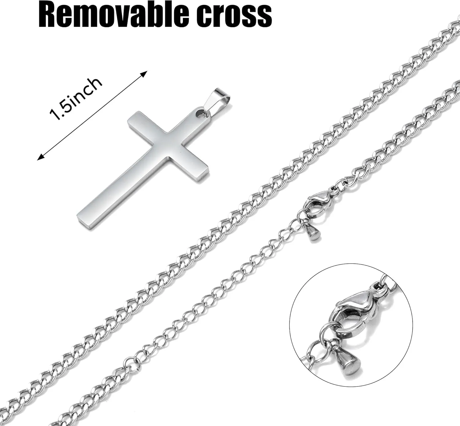 Cross Necklace for Men | Silver Stainless Steel Christian Pendant with 18/20/22/24inch Cuban Chain for Daily Wear