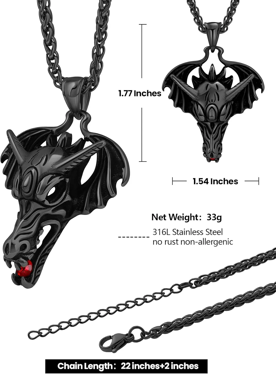 Dragon Necklace 18K Gold Plated/Black Metal/Stainless Steel Norse Viking Dragon Pendant Necklace, Retro Viking Jewelry Gift for Men and Women with Gift Box