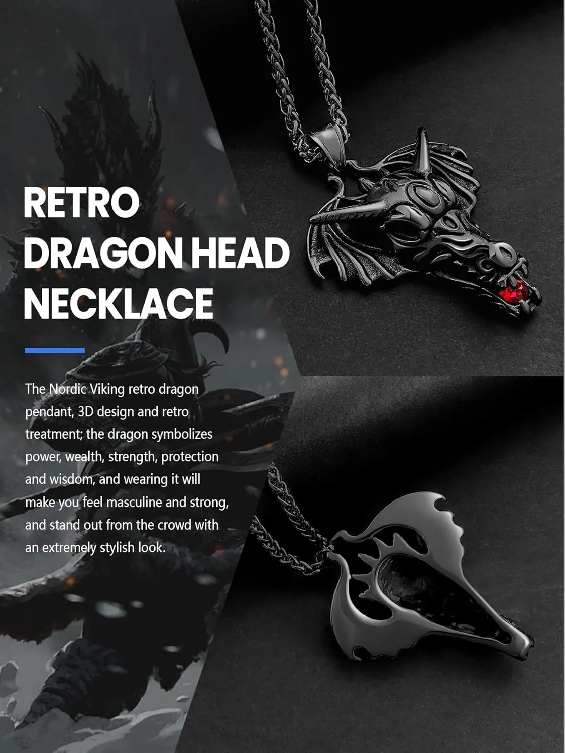 Dragon Necklace 18K Gold Plated/Black Metal/Stainless Steel Norse Viking Dragon Pendant Necklace, Retro Viking Jewelry Gift for Men and Women with Gift Box