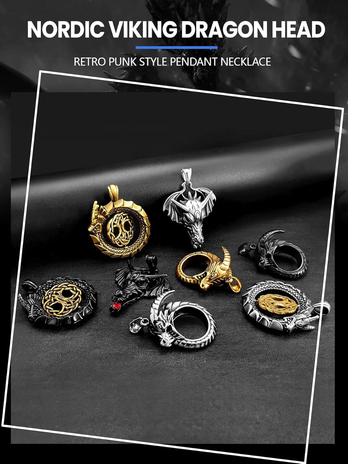 Dragon Necklace 18K Gold Plated/Black Metal/Stainless Steel Norse Viking Dragon Pendant Necklace, Retro Viking Jewelry Gift for Men and Women with Gift Box