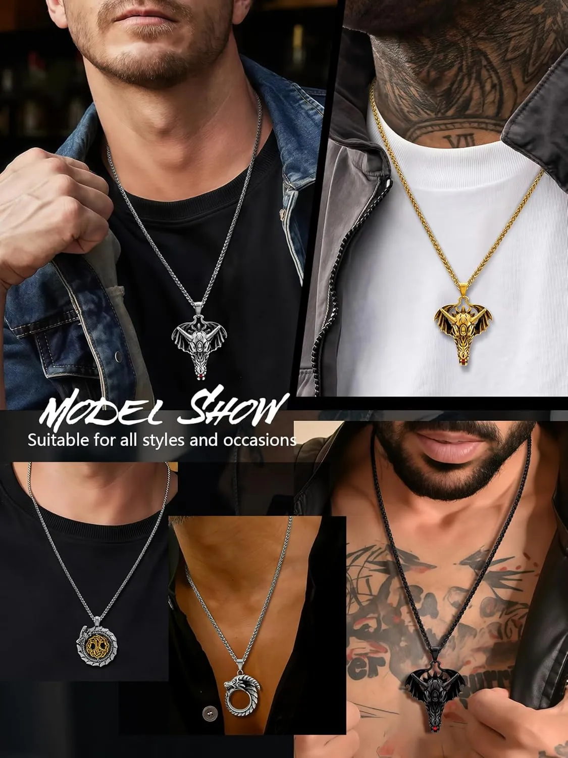 Dragon Necklace 18K Gold Plated/Black Metal/Stainless Steel Norse Viking Dragon Pendant Necklace, Retro Viking Jewelry Gift for Men and Women with Gift Box