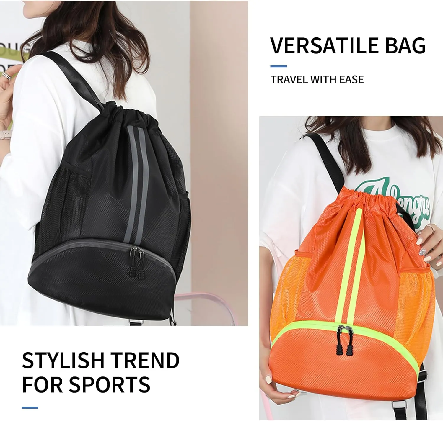 Drawstring Backpack Gym Bag with Shoes Compartment for Soccer, Basketball, Swim, Water-Resistant String Backpack Beach Cinch for Women Men, Orange