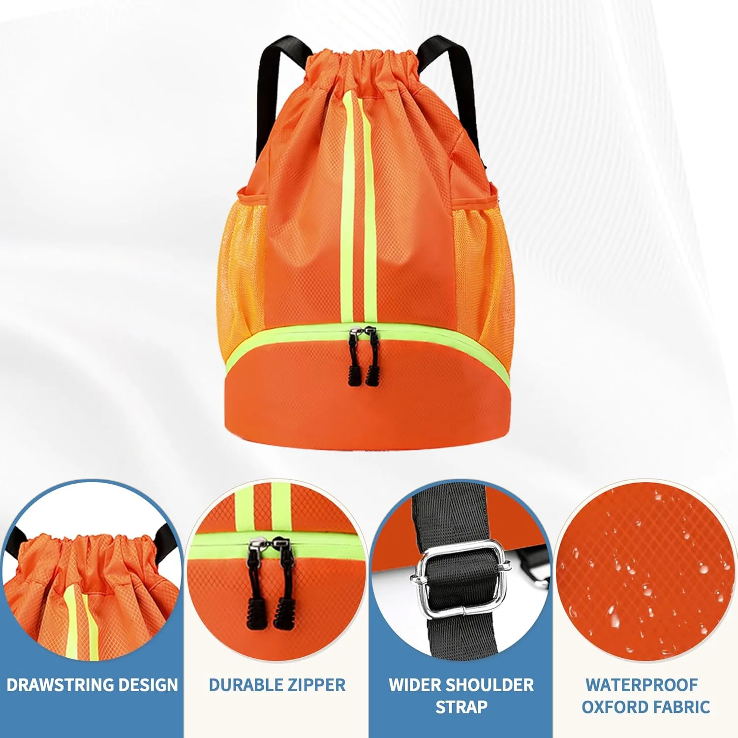 Drawstring Backpack Gym Bag with Shoes Compartment for Soccer, Basketball, Swim, Water-Resistant String Backpack Beach Cinch for Women Men, Orange
