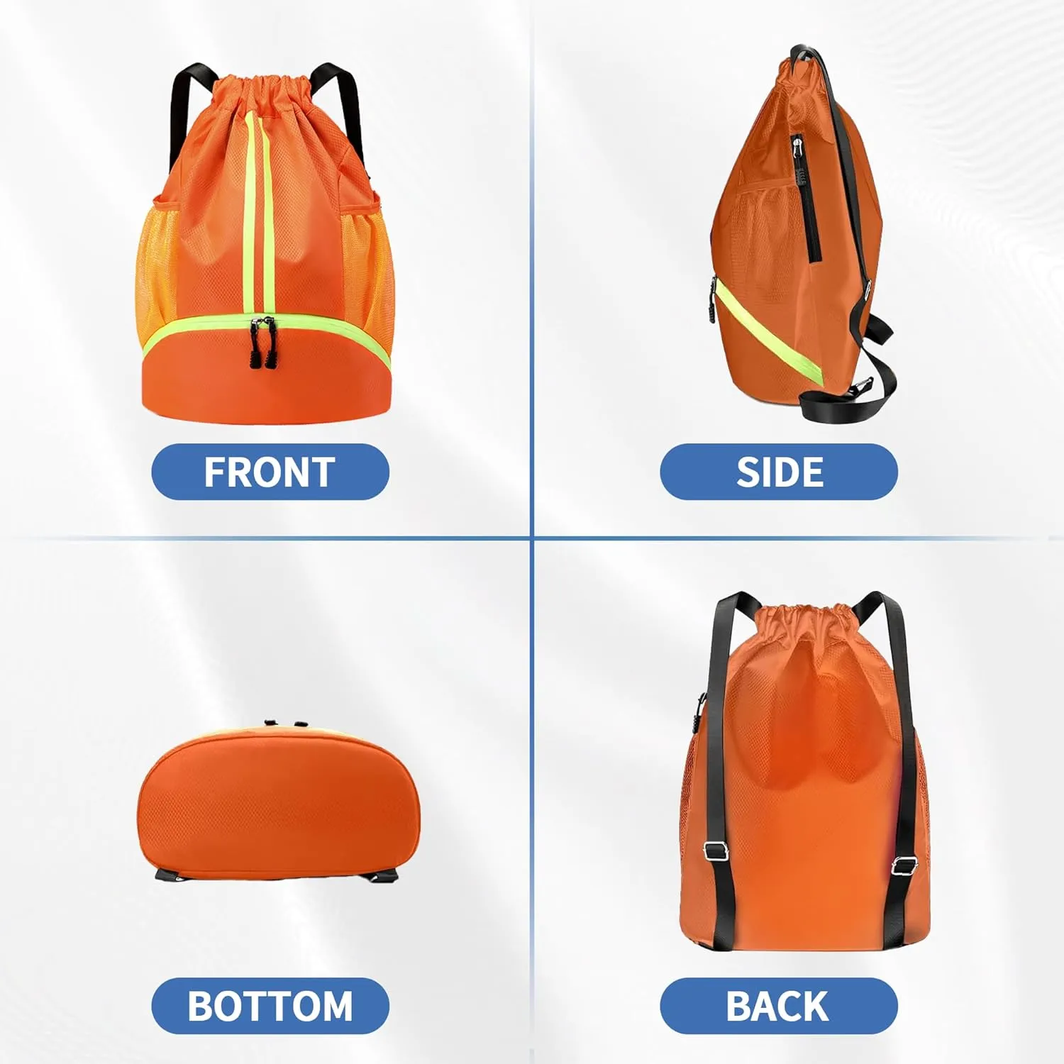 Drawstring Backpack Gym Bag with Shoes Compartment for Soccer, Basketball, Swim, Water-Resistant String Backpack Beach Cinch for Women Men, Orange