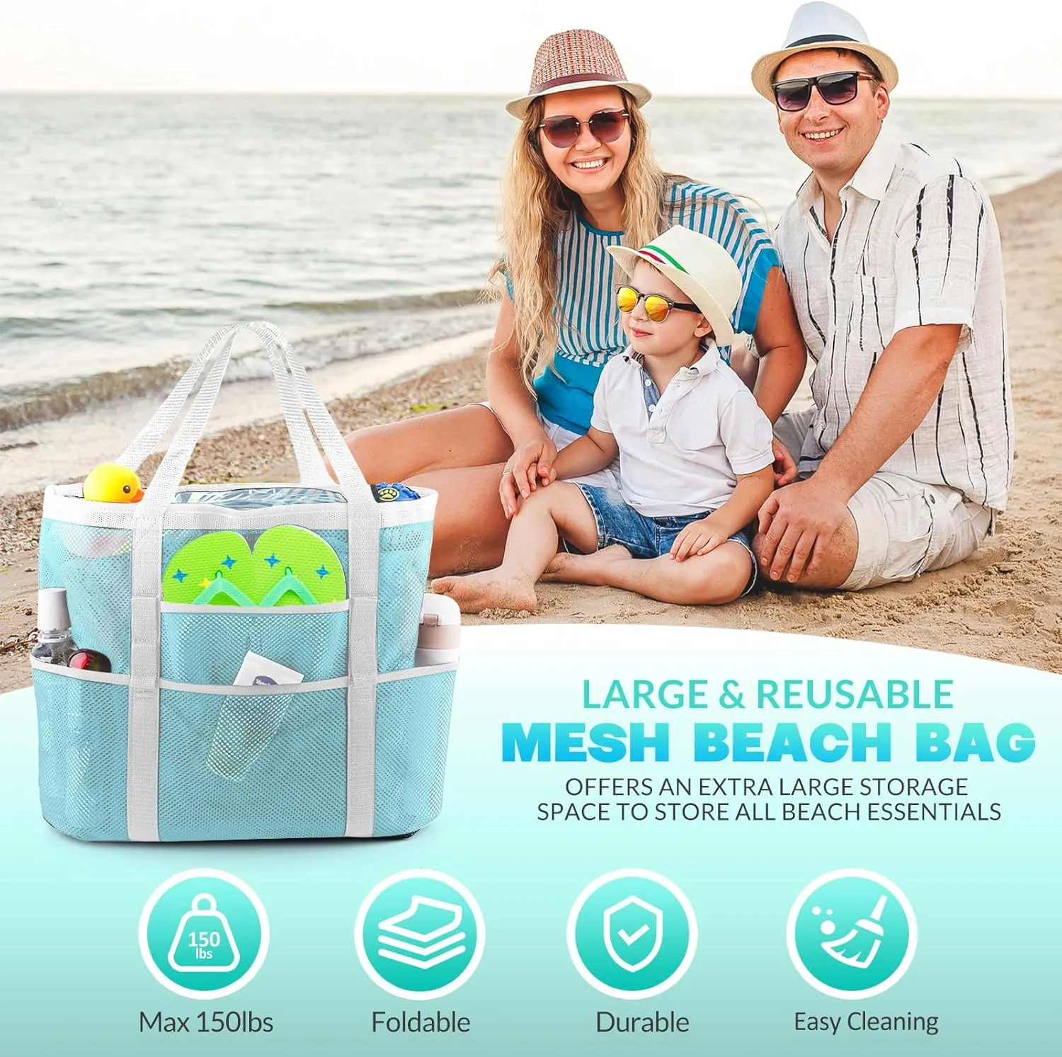 EASYFUN Beach Bag Large Mesh Beach Bag Lightweight Beach Tote with 9 Pockets Foldable Beach Accessories