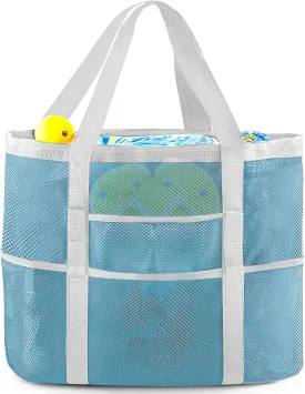 EASYFUN Beach Bag Large Mesh Beach Bag Lightweight Beach Tote with 9 Pockets Foldable Beach Accessories
