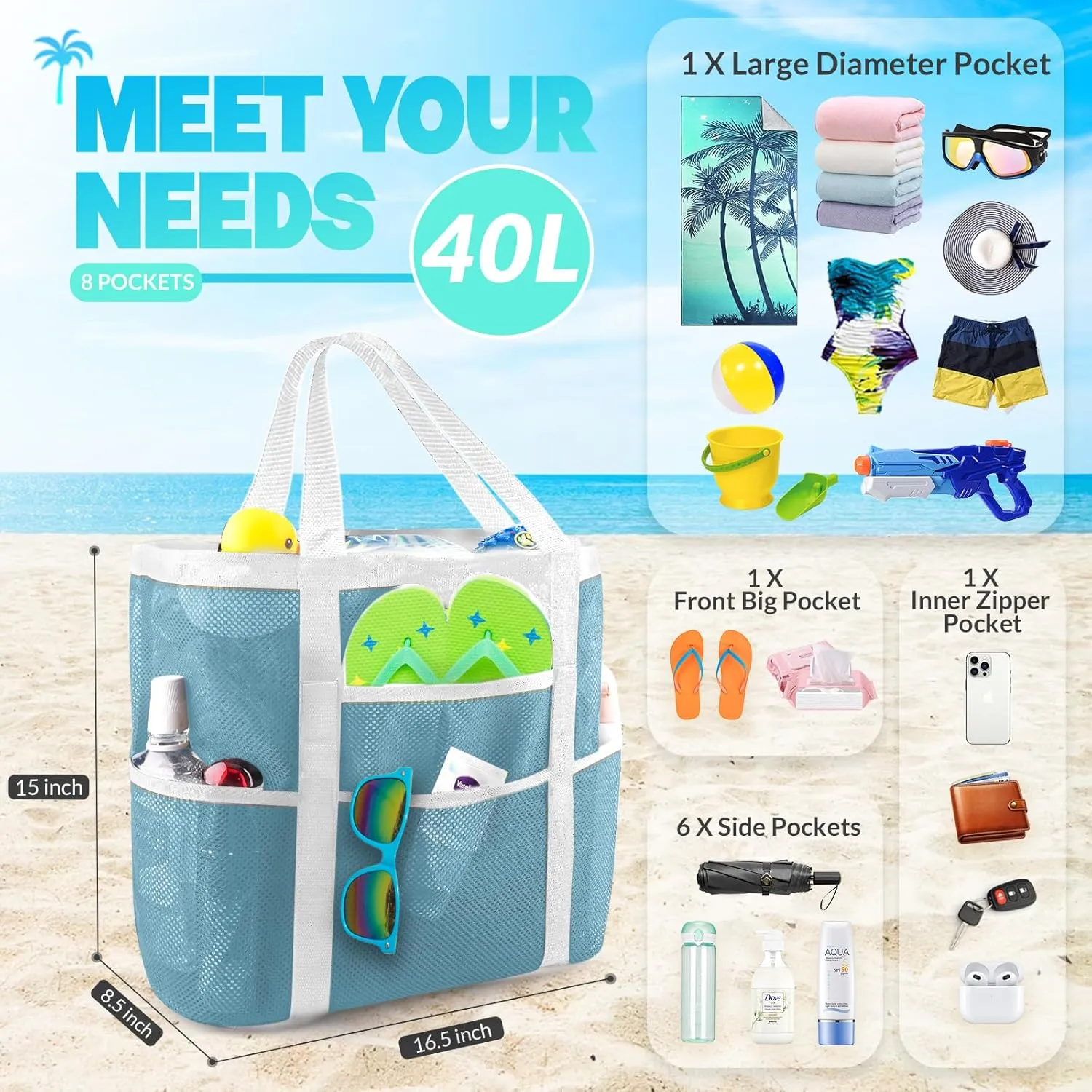 EASYFUN Beach Bag Large Mesh Beach Bag Lightweight Beach Tote with 9 Pockets Foldable Beach Accessories