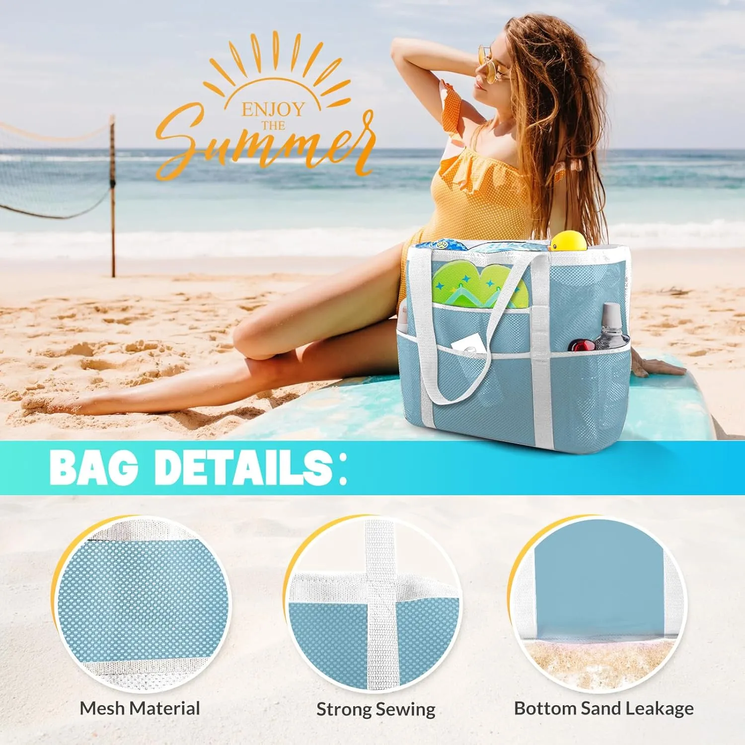 EASYFUN Beach Bag Large Mesh Beach Bag Lightweight Beach Tote with 9 Pockets Foldable Beach Accessories