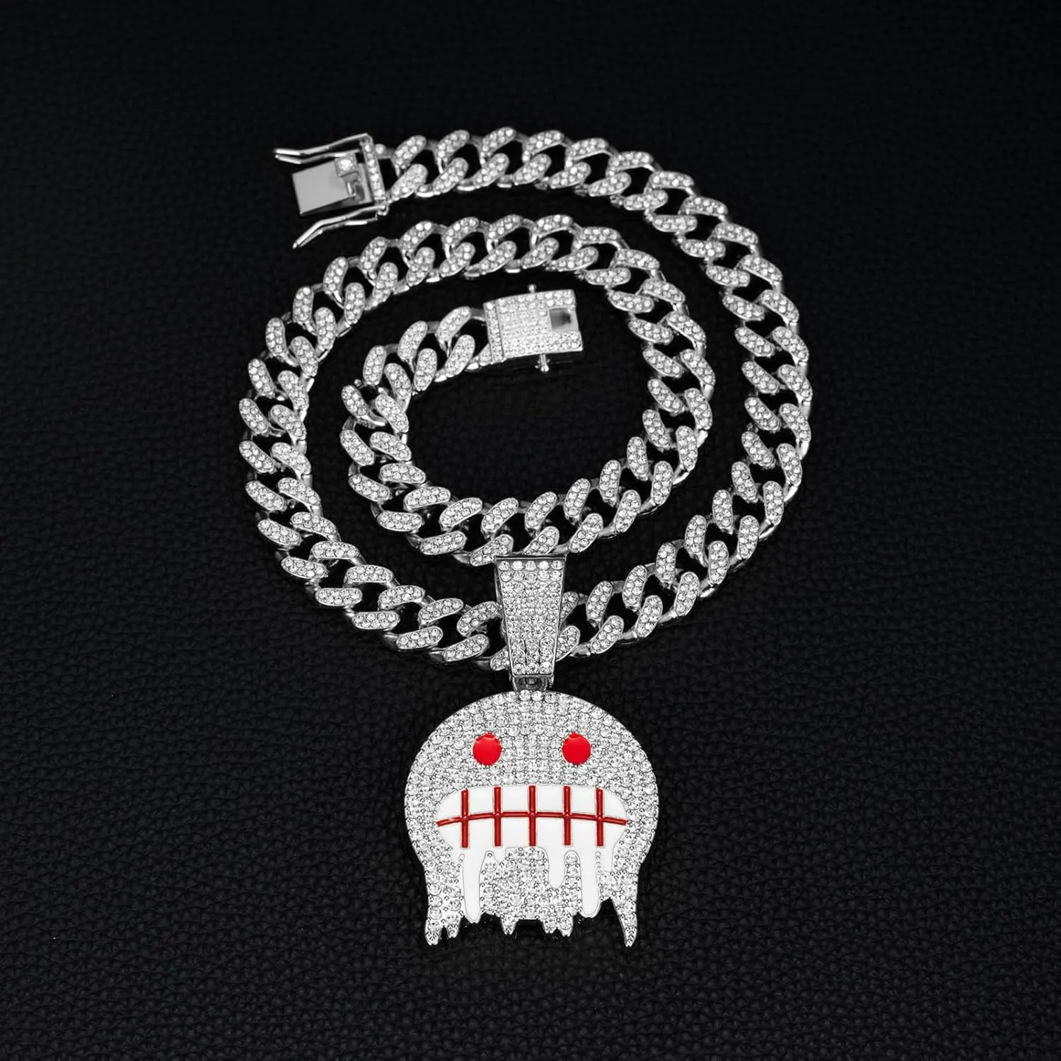 EDINGM Smiley Pendant Miami Cuban Link Chain for Men, Gold/Silver Plated Diamond Necklace, Iced Out Hip Hop Jewelry Gift