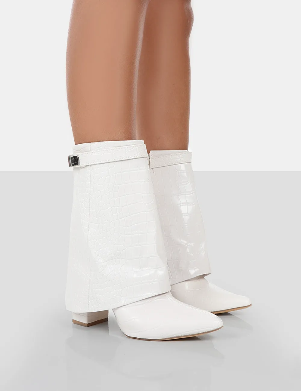 Fyre Ecru Croc Pointed Toe Heeled Ankle Boots