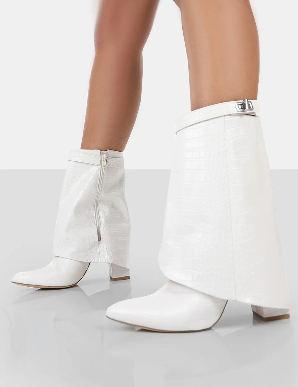 Fyre Ecru Croc Pointed Toe Heeled Ankle Boots