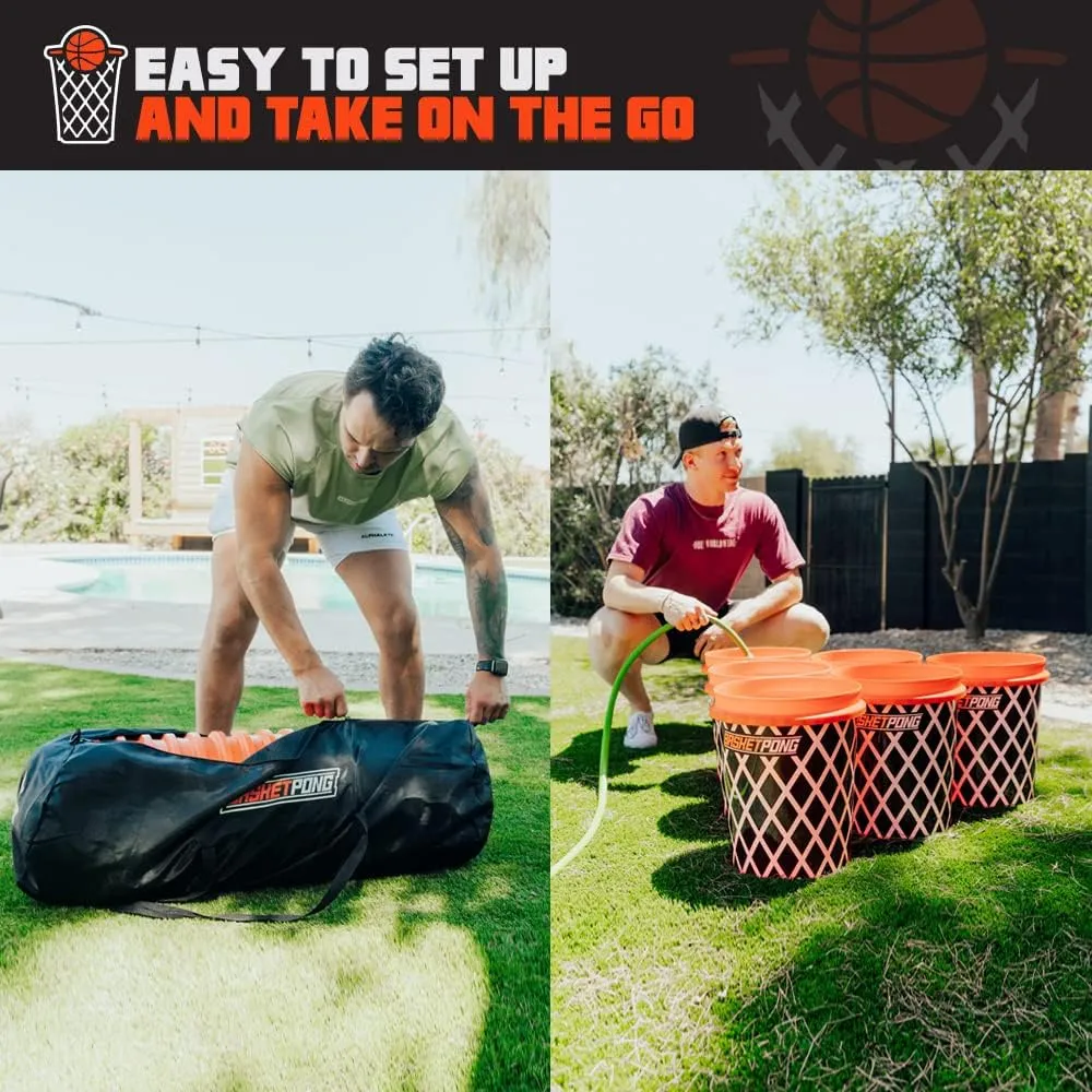 Giant Yard Pong and Basketball Game with 12 Buckets, 2 Balls, Carrying Bag, and Air Pump  Outdoor Game for Lawn, Backyard, Beach, and Parties
