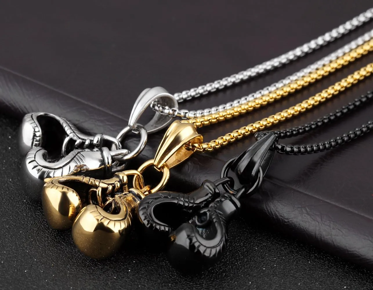 Hamoery Men Punk Stainless Steel Boxing Gloves Chain Pendant Necklace