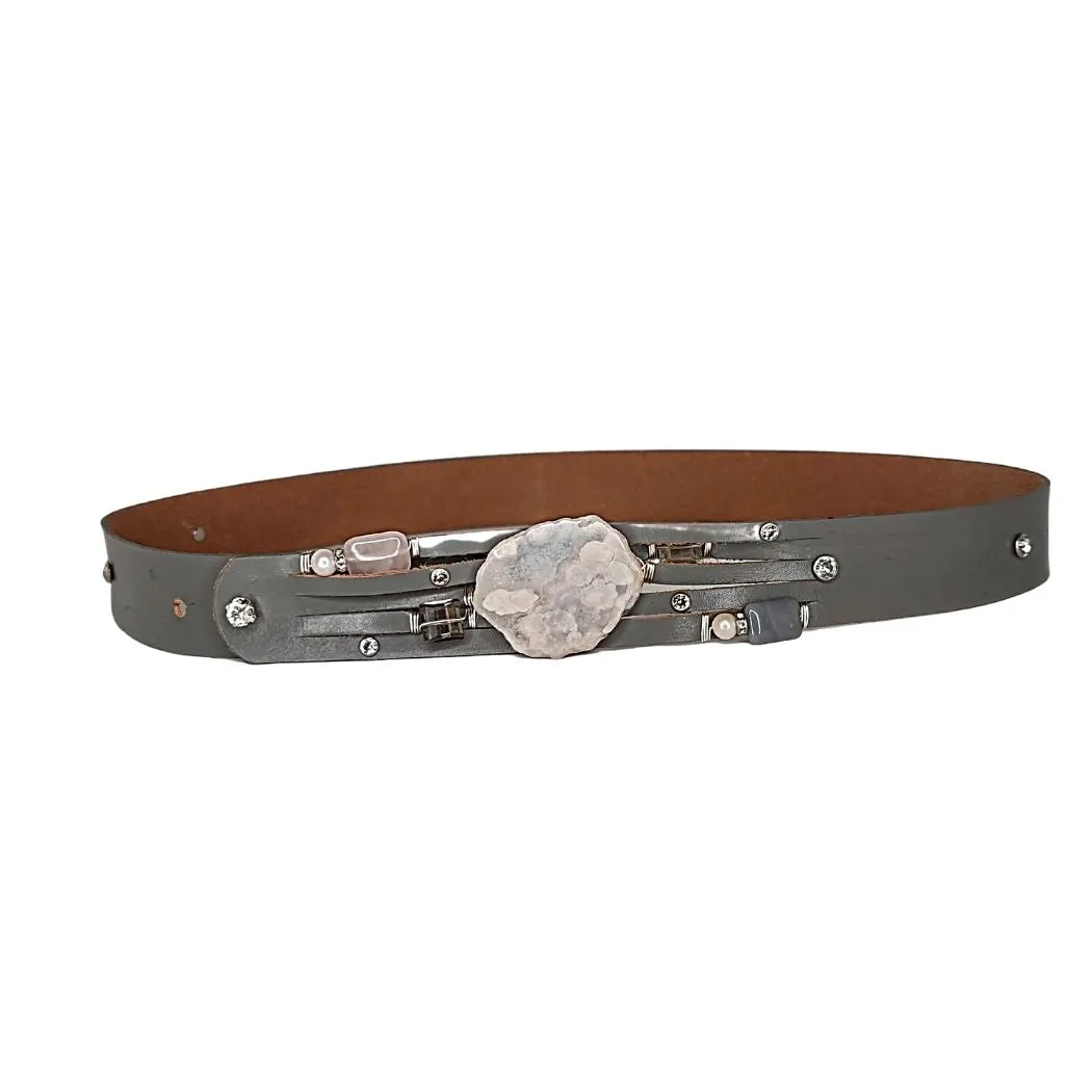 Handmade Leather Belt Gray/Blossom Agate Gemstone & Rhinestones