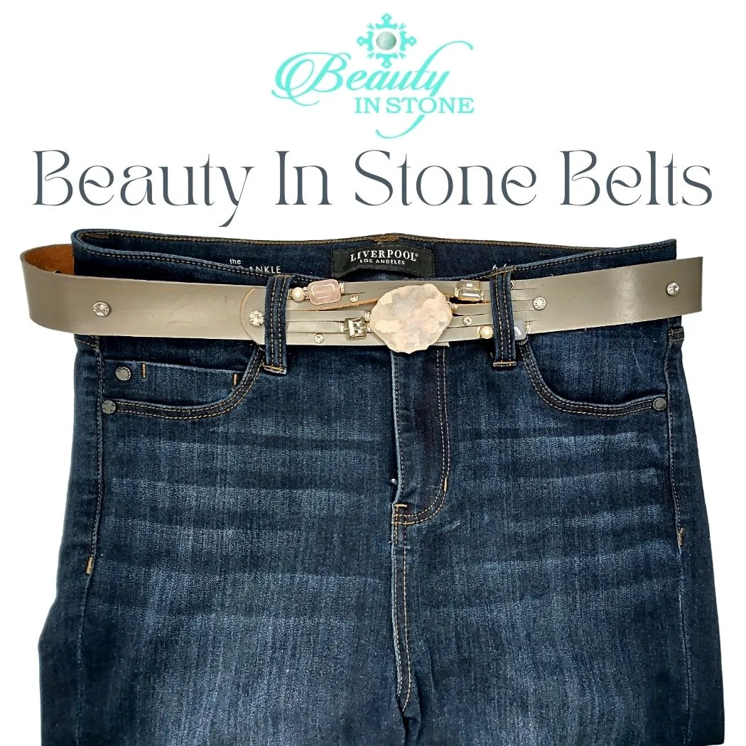 Handmade Leather Belt Gray/Blossom Agate Gemstone & Rhinestones