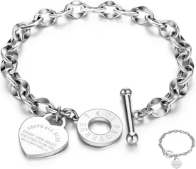 Heart Charm Bracelet Plated 18K Gold Bible Verse Heart Bracelet for Women Her Link Chain Toggle Clasp Stainless Steel Silver Graduation Season