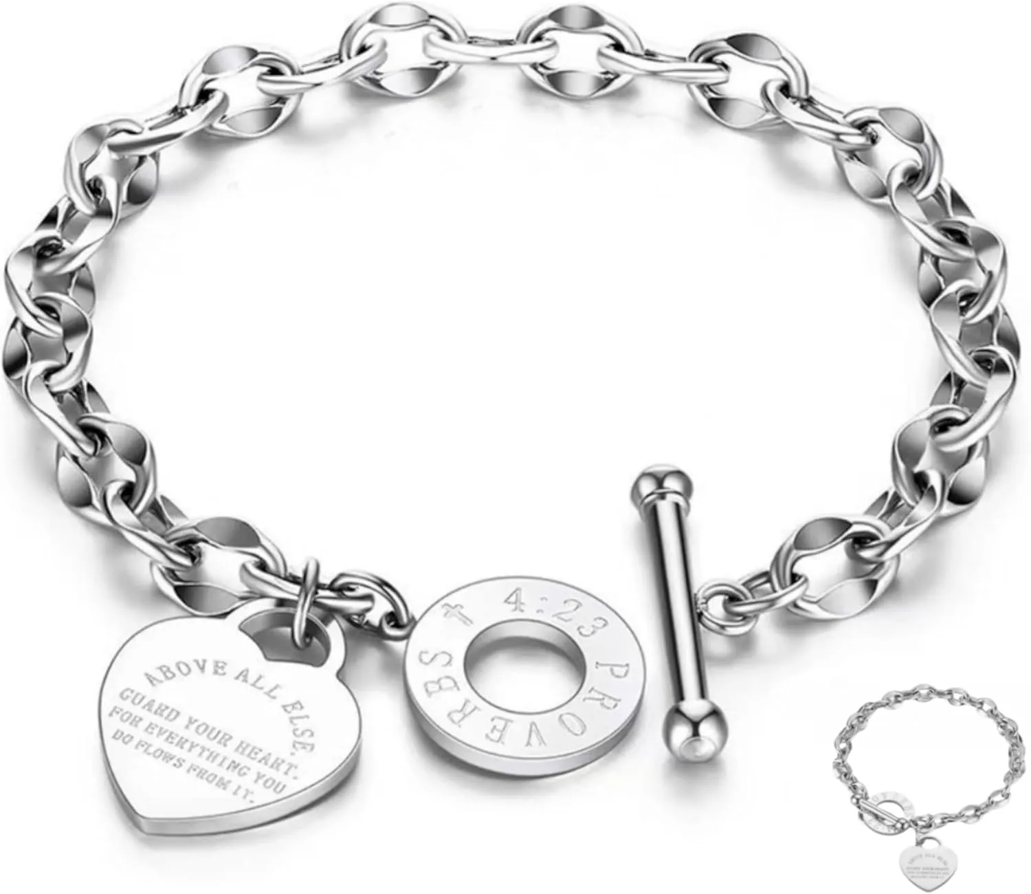 Heart Charm Bracelet Plated 18K Gold Bible Verse Heart Bracelet for Women Her Link Chain Toggle Clasp Stainless Steel Silver Graduation Season