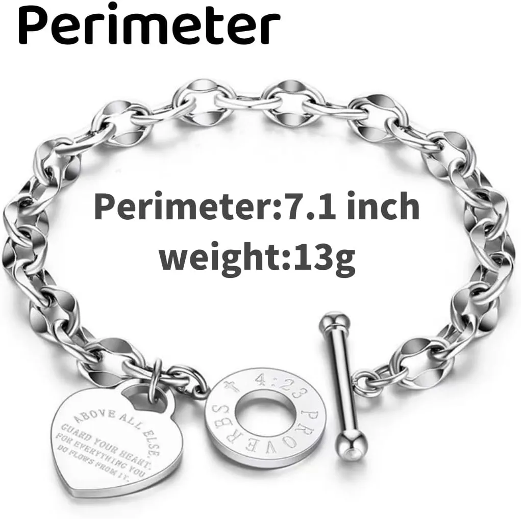 Heart Charm Bracelet Plated 18K Gold Bible Verse Heart Bracelet for Women Her Link Chain Toggle Clasp Stainless Steel Silver Graduation Season
