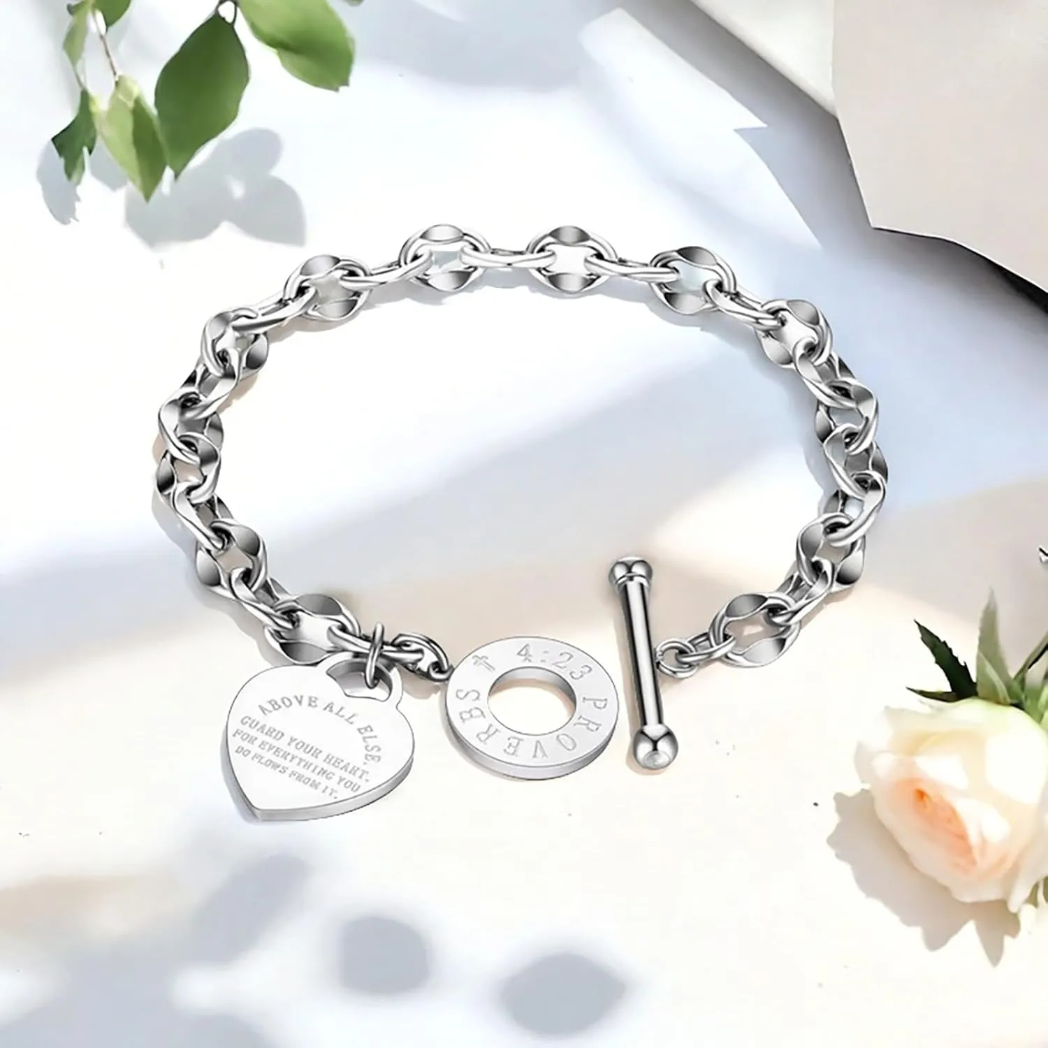 Heart Charm Bracelet Plated 18K Gold Bible Verse Heart Bracelet for Women Her Link Chain Toggle Clasp Stainless Steel Silver Graduation Season