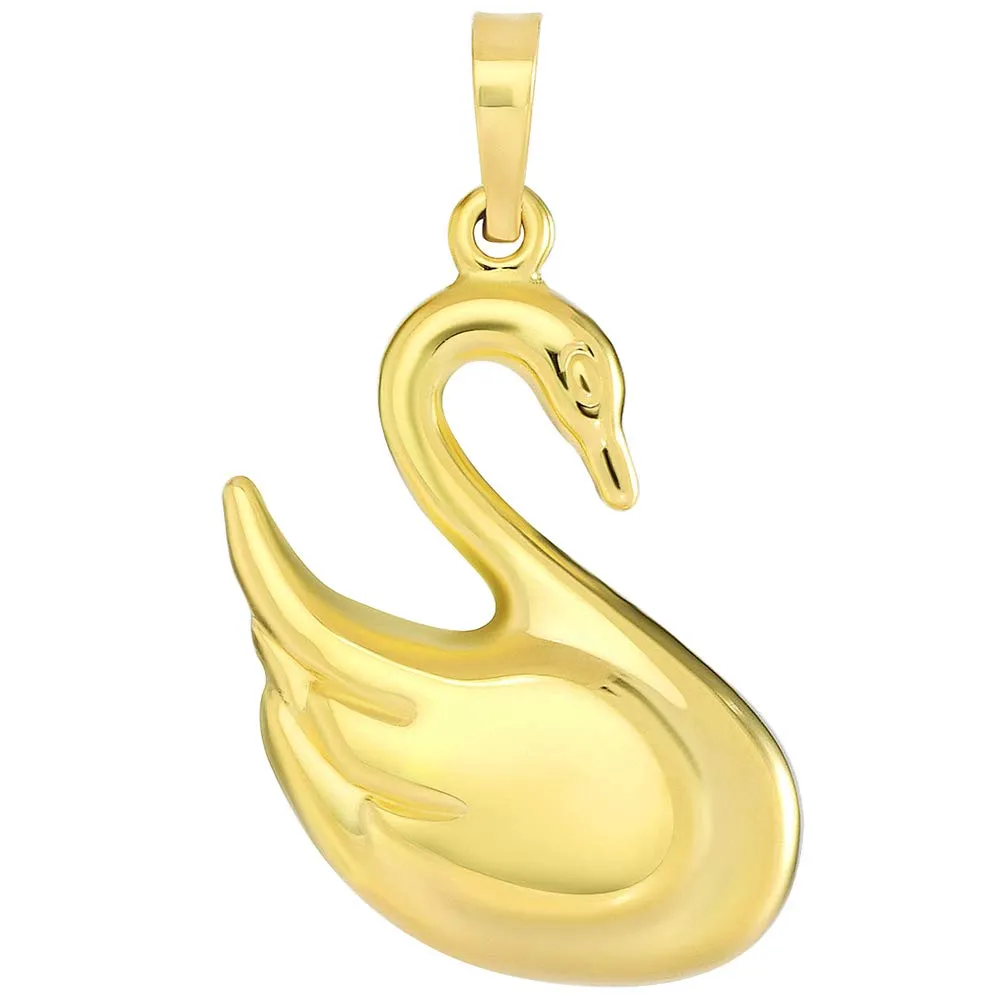 High Polish 14k Yellow Gold 3D Swan Animal Pendant Necklace (Reversible)